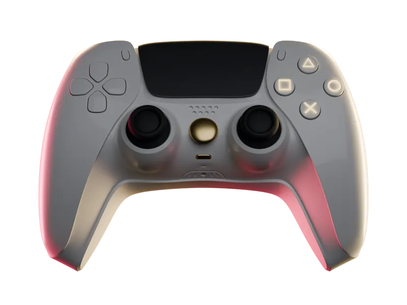 A white PlayStation 5 controller with gold buttons, lit by the JAZZ CLUB neon sign